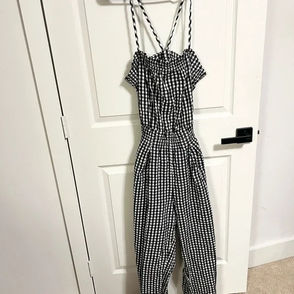 Free People Retro Heatwave Gingham One-Piece Jumpsuit Black and White Boho - Picture 9 of 10